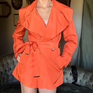 100% Silk Orange Wrap Mini Dress Gold Button Statement Collar Long Sleeve 4